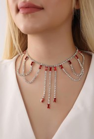 Resim Stylish Su Yolu Kırmızı Taşlı Çok Taşlı Choker Kolye Tasarım Choker Kolye Gerdanlık Boyunluk 