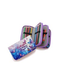 Resim Kalem Kutusu Kelebek Kawai Organizer Kalemkutu Vegan Deri Üç Bölmeli Kalemlik -mor Mor 