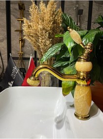 Resim İsaoğlu Yapı Gold Lavabo Bataryası Mermer Tasarımlı Altın Lavabo Musluğu Gold 