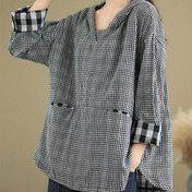 Resim Kadınlar İçin Rahat Pamuklu Gingham Ekose Gömlek - Bol Kesim Uzun Kollu Cepli Üst, %65 Pamuk %35 Polyester Karışımı, İlkbahar Yaz Sonbahar için Nefes Alabilir, Makinede Yıkanabilir 