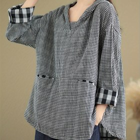 Resim Kadınlar İçin Rahat Pamuklu Gingham Ekose Gömlek - Bol Kesim Uzun Kollu Cepli Üst, %65 Pamuk %35 Polyester Karışımı, İlkbahar Yaz Sonbahar için Nefes Alabilir, Makinede Yıkanabilir 