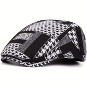Resim Erkekler için Retro Houndstooth & Geometrik Desenli Bere - Siyah Beyaz Kontrast Tasarım, Yumuşak ve Dayanıklı Kumaş, Günlük ve Resmi Kullanım İçin Çok Yönlü Moda Aksesuarı, Vintage Tarz, Renk Kontrastlı Tasarım 