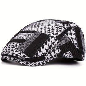 Resim Erkekler için Retro Houndstooth & Geometrik Desenli Bere - Siyah Beyaz Kontrast Tasarım, Yumuşak ve Dayanıklı Kumaş, Günlük ve Resmi Kullanım İçin Çok Yönlü Moda Aksesuarı, Vintage Tarz, Renk Kontrastlı Tasarım 