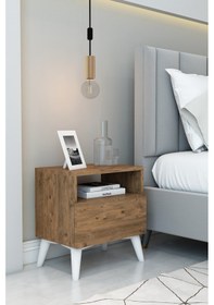 Resim Luna Beyaz Ayaklı Kapaklı Raflı Ahşap Komodin Atlantik Çam 