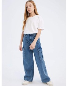 Resim DeFacto Kız Çocuk Wide Leg Kargo Geniş Bol Paça Pamuklu Jean Pantolon D7091A825SMNM28 Mavi 