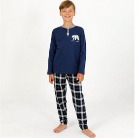 Resim Vitmo Erkek Çocuk Uzun Kollu %100 Pamuklu Düğme Detaylı Pijama Takımı Everest İndigo 