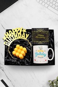 Resim Happy Birthday Baskılı Kupa & Sarı Renk Bubble Mum & Happy Birthday Taç Hediye Seti 