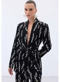 Resim Sateen Desenli Uzun Ceket - Siyah-136474 Siyah 