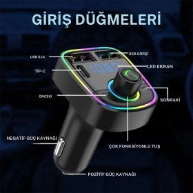Resim Cosmostech Car C2 Araç Fm Transmitter 5.3 Bluetooth Araç Kiti Hızlı Şarj Qc 3.1 Çift USB ve Type-C Mp3 Sd Kart Çakmaklık Girişli oto müzik çalar 