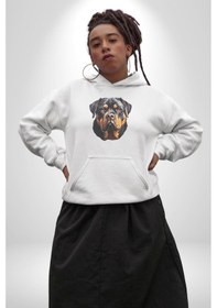 Resim Rottweiler Kafası Kadın Erkek Beyaz Kapüşonlu Sweatshirt Hoodie Beyaz 