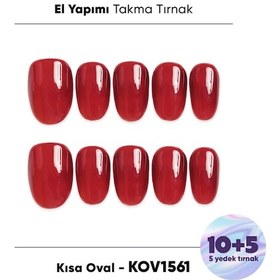Resim 15'li Kırmızı Kısa Oval Kov1561 Tekrar Kullanılabilir El Yapımı Protez Takma Tırnak S 