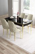 Resim Canisa Tia Serisi, Siyah Mermer Desen 80x132 Açılabilir Mdf Yemek Odası Takımı 4 Krem Sandalye Gold Detay 