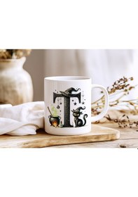 Resim T Harfli Halloween Kedili Figür Kupa Bardak - Şapkalı Ve Kazanlı İsme Özel Kupa - Hediye Beyaz 