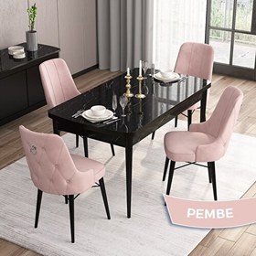 Resim Concept Are SERISI 80 x 132 cm Mdf Açılabilir Siyah Mermer Desen Masa Takımı 4 Sandalye Gümüş Halkalı 