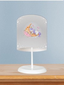 Resim Mekta Home Bebek Ve Çocuk Odası Aya Sarılan Unicorn Desenli Gri Abajur 