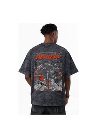 Resim Berserk Guts Anime Baskılı Unisex Oversize Eskitme Yıkamalı Tişör Siyah 