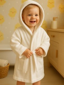 Resim CottonVerse Bebek & Çocuk Kapşonlu Bornoz - %100 Pamuk, Unisex Ekru - Ekru / 0-2 Yaş 