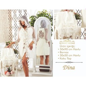 Resim Dina Krem Bayan Fransız Dantelli Balayı Çeyizlik Bornoz Seti Krem 