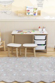 Resim POFİTTO Çocuk Masa Sandalye Takımı 90x45 Cm 3 Sepetli Çocuk Çalışma Ve Aktivite Masası Yaz-sil,2 Tabureli 