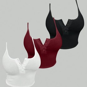 Resim 3 Adet Kadın Seksi Açık Ön Düğmeli Askılı Üstler - Düz Renkli Kabartmalı Atletler Orta Esneklikte, İnce Askılar Yaz, Noel, Sevgililer Günü, Partiler, Günlük Kullanım ve İşe Gidiş İçin - Makinede Yıkanabilir 