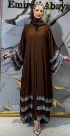 Resim Swarovski Taşlarla Süslenmiş Kahverengi Üç Katlı Abaya - Lüks Şifon Model TM22 JS BROWN - XL / Kahverengi 