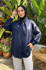 Resim adamila Kadın Lacivert Fiyonk Detaylı Saten Oversize Tesettür Tunik Gömlek Uzun Kollu Şık Günlük Trend Tunik 