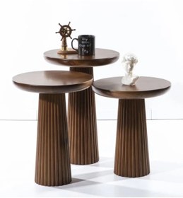 Resim Simillo Home&Living Wood Wooden 3’lü Set Fitilli Mantar Yan Sehpa Modern Koyu Ceviz Renk Fiskos 