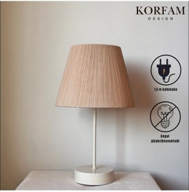 Resim Bej Rengi Keten Kumaş Başlıklı Metal Gövdeli Abajur Çok Renkli 