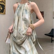 Resim Kadınlar için Şık Fransız İlhamlı Kolsuz Bağcıklı Plaj Elbisesi - Rahat Halter Yaka, Uzun Boy, Yaz Tatilleri İçin Mükemmel, Bel Detayıyla Bol Kesim, Bahar/Yaz Modası|Şık Fransız İlhamlı Elbise|Kemerli Bel, Plaj Giyim Elbisesi 