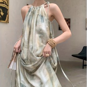 Resim Kadınlar için Şık Fransız İlhamlı Kolsuz Bağcıklı Plaj Elbisesi - Rahat Halter Yaka, Uzun Boy, Yaz Tatilleri İçin Mükemmel, Bel Detayıyla Bol Kesim, Bahar/Yaz Modası|Şık Fransız İlhamlı Elbise|Kemerli Bel, Plaj Giyim Elbisesi 