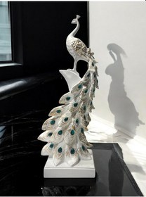 Resim Yeşil Dikey Taşlı Tavuskuşu Dekoratif Obje - Beyaz 