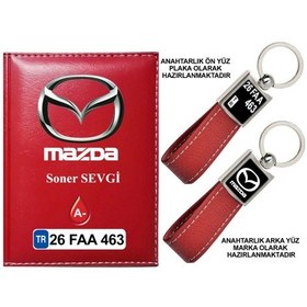 Resim Plakanıza Özel Mazda Logolu Kırmızı Ruhsat Kabı Ve Anahtarlık 