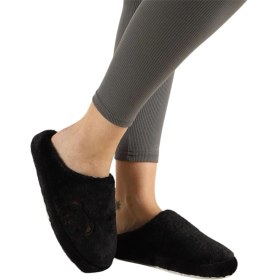 Resim Liger Önü Kapalı Ayıcık Baskılı Peluş Kadın Ev Terliği Siyah 