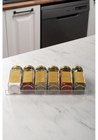 Resim 6'lı Şeffaf Pleksi Standlı Cam Baharatlık Seti Gold Kapaklı Etiketli Baharatlık Mh02gld06 Gold - Şeffaf 
