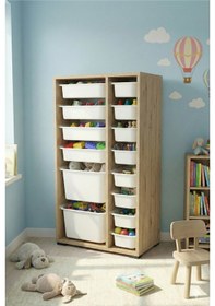 Resim 14 Çekmeceli Çok Amaçlı Oyuncak Dolabı ve Saklama Ünitesi Çocuk Odası Düzenleyici Etiket Hediyeli Safir Meşe 