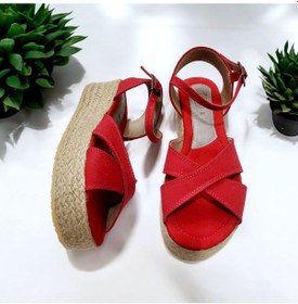 Resim Kadın Yazlık Çapraz Keten Hasır 5 Cm Topuklu Sandalet Kırmızı 