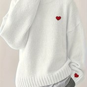 Resim Kadınlar için Şık Beyaz Kazak Kırmızı Kalp Desenli - Yumuşak Yuvarlak Yaka, Rahat Kesim Sonbahar Kışlık Üst Giyim, Günlük ve Resmi Kıyafetler İçin, Mevsimsel Gardırop, Sıcak Malzeme, Şık Kadınlar 