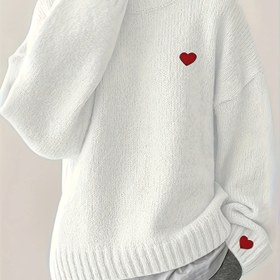 Resim Kadınlar için Şık Beyaz Kazak Kırmızı Kalp Desenli - Yumuşak Yuvarlak Yaka, Rahat Kesim Sonbahar Kışlık Üst Giyim, Günlük ve Resmi Kıyafetler İçin, Mevsimsel Gardırop, Sıcak Malzeme, Şık Kadınlar 
