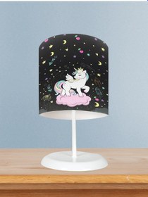 Resim Mekta Home Bebek Ve Çocuk Odası Pembe Bulut Üzerinde Unicorn Desenli Siyah Abajur 