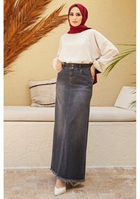 Resim Neways 2252-Eteği Püsküllü Denim Etek Koyu Gri 