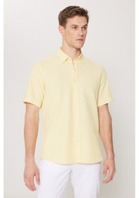 Resim AC&Co / Altınyıldız Classics Erkek Sarı Slim Fit Dar Kesim Gizli Düğme Yaka Kısa Kollu Gömlek Sarı 