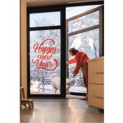 Resim Happy New Year Temalı Vitrin Cam Sticker Dekorasyon 50 x 70 Kırmızı 