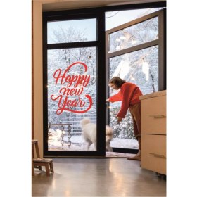 Resim Happy New Year Temalı Vitrin Cam Sticker Dekorasyon 50 x 70 Kırmızı 