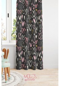 Resim Gri Kalpler Desenli Fon Perde Çocuk Ve Bebek Odası Süet Dijital Baskılı Ekstrafor Büzgü Tek Kanat Çok Renkli 