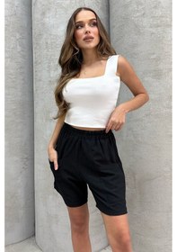 Resim Lesa Wear Yüksel Bel Bol Kesim Keten Görünümlü Çift Cepli Şort Siyah 