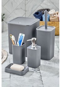 Resim Line 5 Parça Kare Banyo Seti - Çöp Kovası Wc Fırçası Sıvı-katı Sabunluk Diş Fırçası Antrasit 