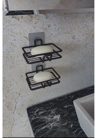Resim Eva Metal Tasarim Yapışkanlı Banyo Mutfak Lavabo Metal Katı Sabunluk 2'li Set Siyah 