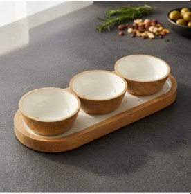Resim Mango Ağacı Standlı 3'lü Kase Seti - İçi Kaplama Doğal Ahşap Çerezlik Ve Sosluk - 30 Cm Sunum Tepsili Dekoratif Set Düz Desen Açik Gri 