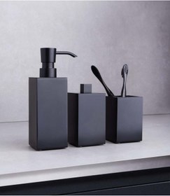 Resim DİZAYNAKS Kare Mat Siyah Sıvı Sabunluk Diş Fırçalık Pamukluk Seti 