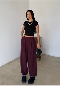 Resim BEJNA Kadın Bordo Pileli Oversize Dokuma Şalvar Pantolon 